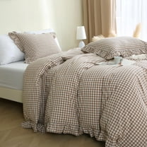 Taupe/White Plaid Ruffle Duvet Cover King Size, Washed Cotton 3 Pcs Vintage Checkered Chic Gingham Bedding Set Comforter Cover Set