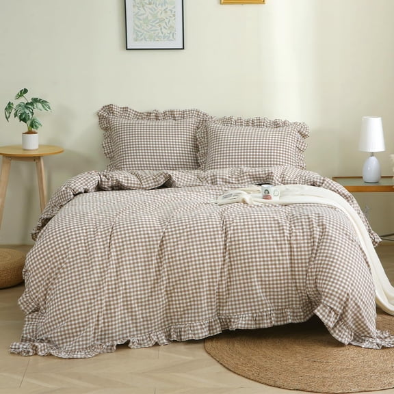 Taupe/White Plaid Ruffle Duvet Cover Queen Size,100% Washed Cotton 3 Pcs Vintage Checkered Chic Gingham Bedding Set Comforter Cover Set
