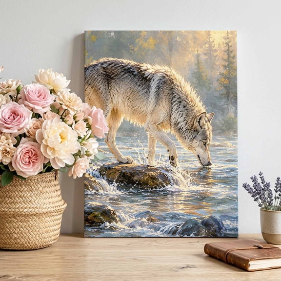 Taupe Wolf Canvas Wall Art Framed Wall Decor for Living Room Bedroom Bathroom, Rustic Wildlife River Gray Rock Pine Tree Mountain Canvas Pictures Ready to Hang Decor, 24"x32"
