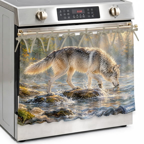 Taupe Wolf Oven Skirt Curtain Tie Top Rustic Wildlife River Gray Rock Pine Tree Mountain Oven Door Curtain Dishwasher Cover Stove Skirt with 8 Ribbon Ties for Kitchen Decor 32x24 Inch