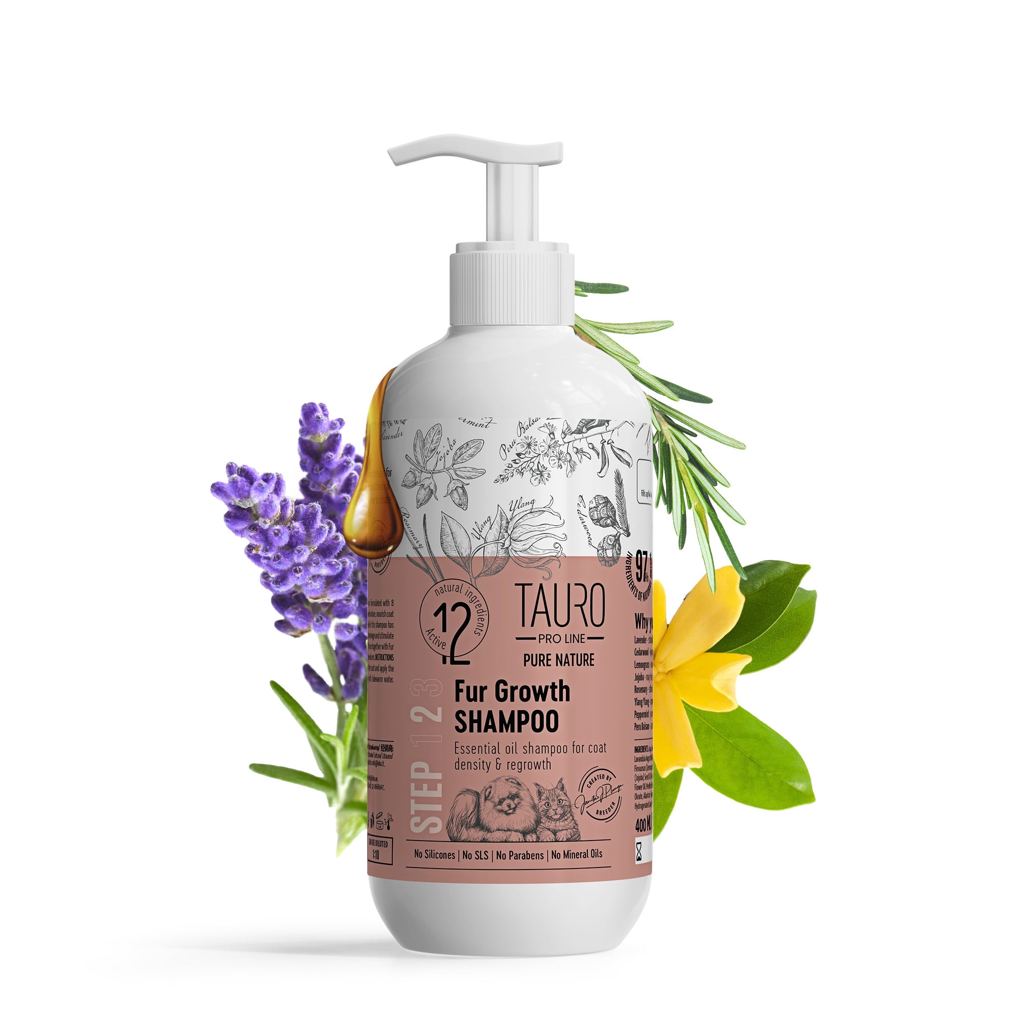 Tauro Pro Line Pure Nature Fur Growth Dogs and Cats Shampoo Coat Regrowth and Density Grooming Pet Shampoo with Essential Oils for Gentle Natural Coat Care