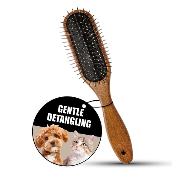 Tauro Pro Line Wooden Dog & Cat Massage Brush - Rounded Tip Pins, Gentle Deshedding, Oblong Cushion, 2.36 x 8.85 in