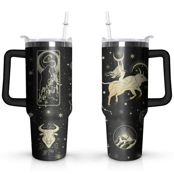 Taurus 40oz Handle Cup with Lid and Straw, Astrology Cup, Gothic Cup, Constellation Mug, Zodiac Gifts for Men Women, Constellation Gifts, 40oz Large Capacity Cups with Handles, Lids, and Straws