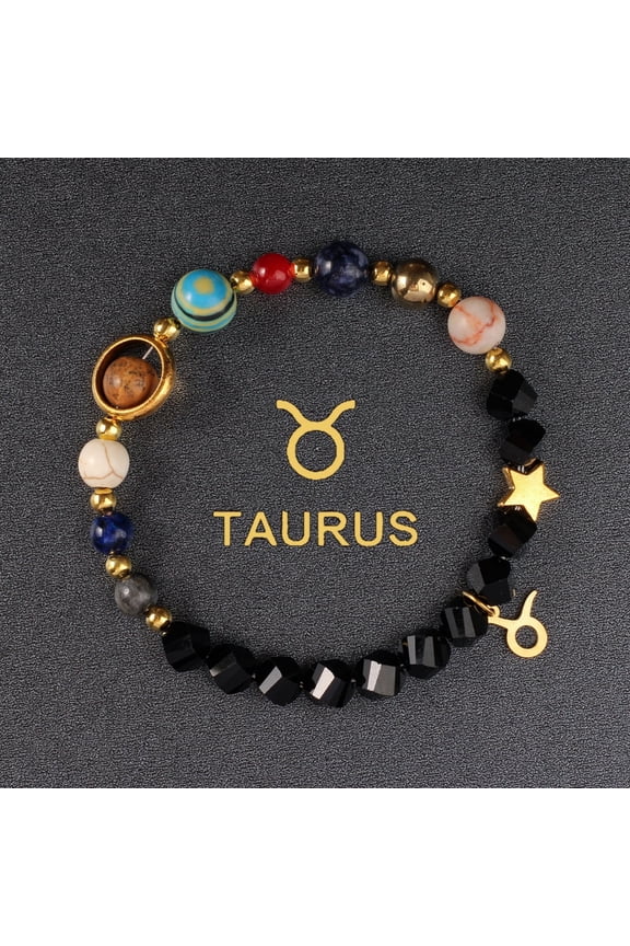 Taurus 8 Planets Solar System Zodiac Beaded Bracelet, Faceted Black Glass Galaxy Birthday Gift for Women & Men