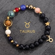 Taurus 8 Planets Solar System Zodiac Beaded Bracelet, Natural Stone & Black Glass Galaxy Birthday Gift for Women & Men