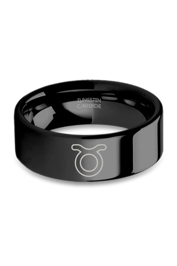 Taurus Astrological Symbol Laser Engraved Black Tungsten Ring, 8mm, Size 9