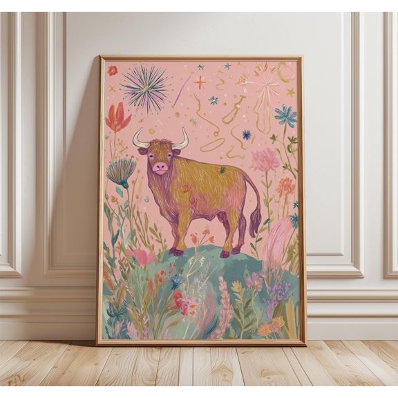 Taurus Bull Art Print, Zodiac Wall Poster, Celestial Floral, Boho Astrology Decor, Poster Only