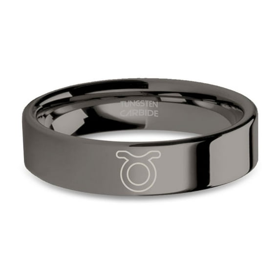 Taurus Bull Astrology Sign Engraved Gunmetal Tungsten Wedding Band, 6mm, Size 12