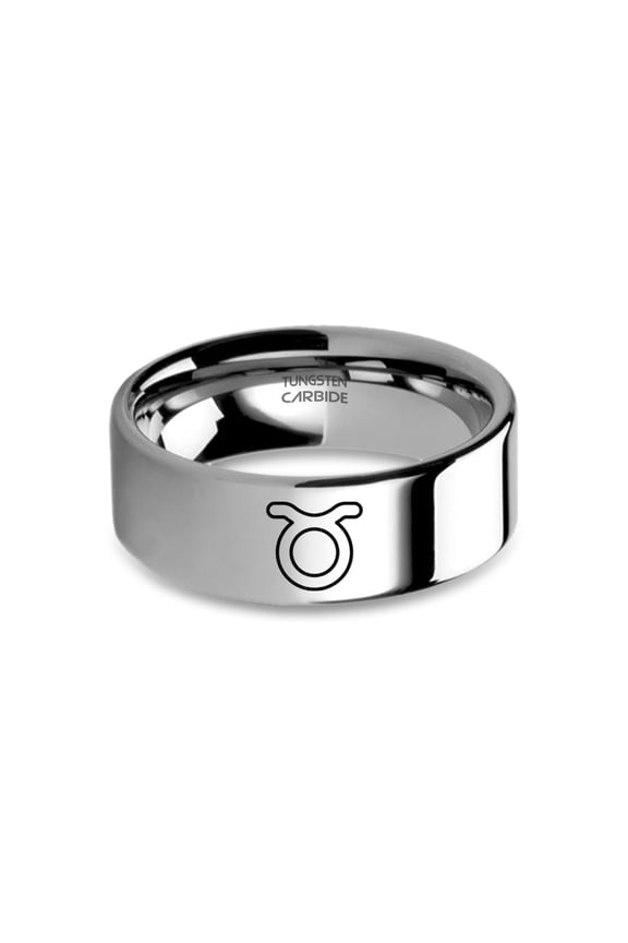 Taurus Bull Astrology Sign Engraved Silver Tungsten Carbide Ring, 8mm, Size 9