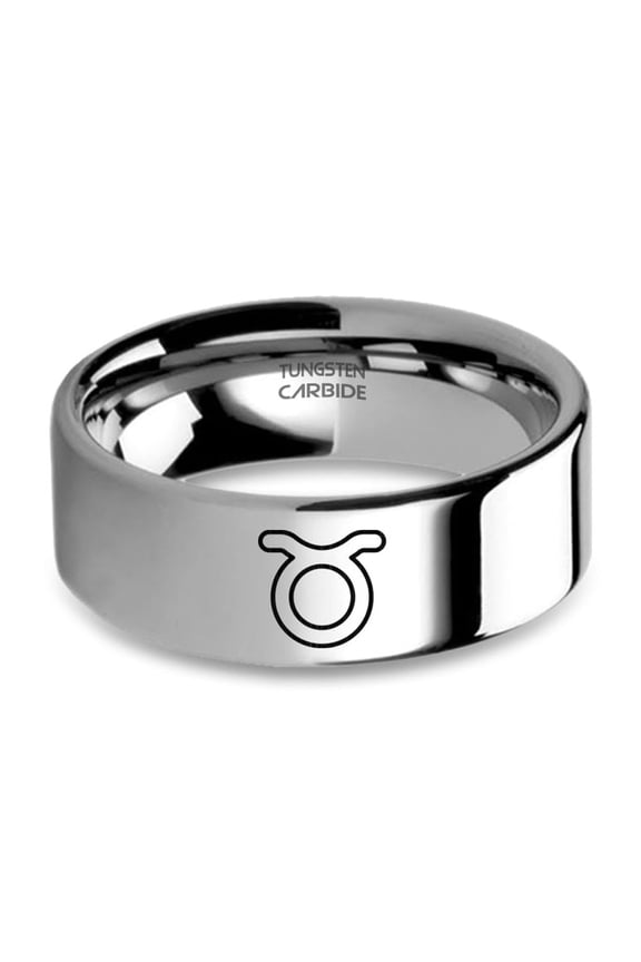 Taurus Bull Astrology Sign Engraved Silver Tungsten Carbide Ring, 8mm, Size 9