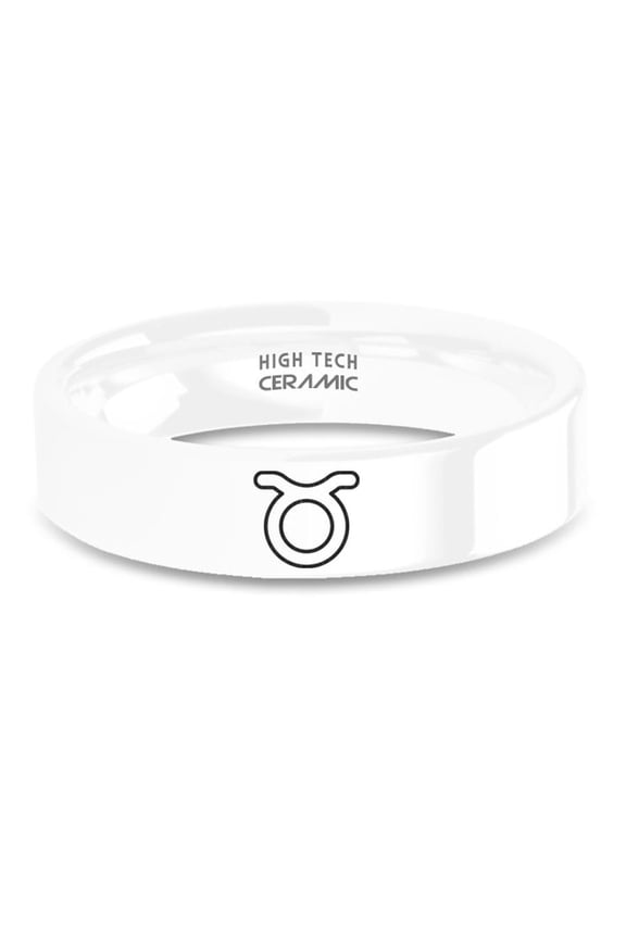Taurus Bull Horn Sigil Laser Engraved White Ceramic Wedding Band, 6mm, Size 12