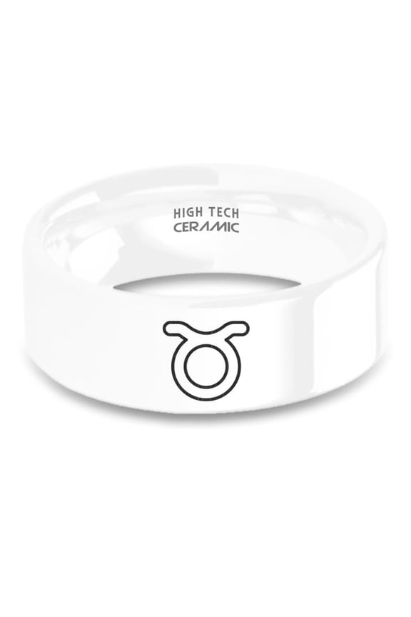 Taurus Bull Horn Sigil Laser Engraved White Ceramic Wedding Band, 8mm, Size 5