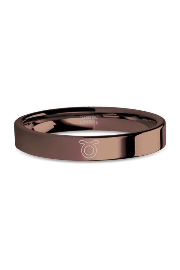 Taurus Bull Horn Sign Engraved Copper Brown Polished Tungsten Ring, 4mm, Size 3.5