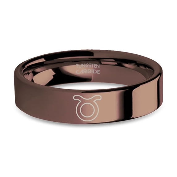 Taurus Bull Horn Sign Engraved Copper Brown Polished Tungsten Ring, 6mm, Size 6.5