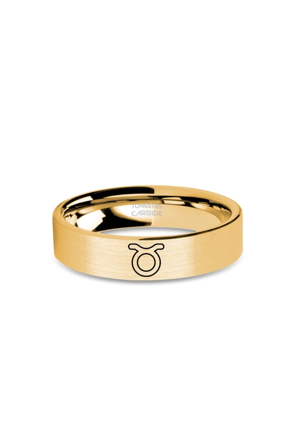 Taurus Bull Horn Zodiac Sign Brushed Yellow Gold Tungsten Ring, 6mm, Size 10.5
