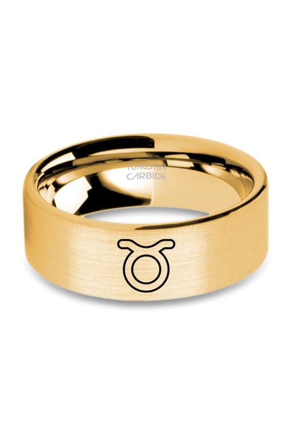 Taurus Bull Horn Zodiac Sign Brushed Yellow Gold Tungsten Ring, 8mm, Size 12