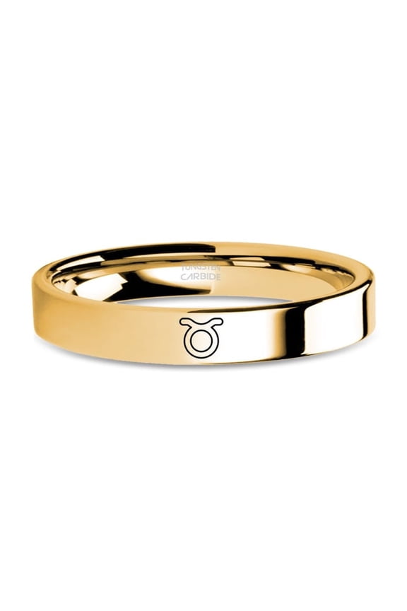 Taurus Bull Horns Sign Engraved Yellow Gold Tungsten Carbide Ring, 4mm, Size 9