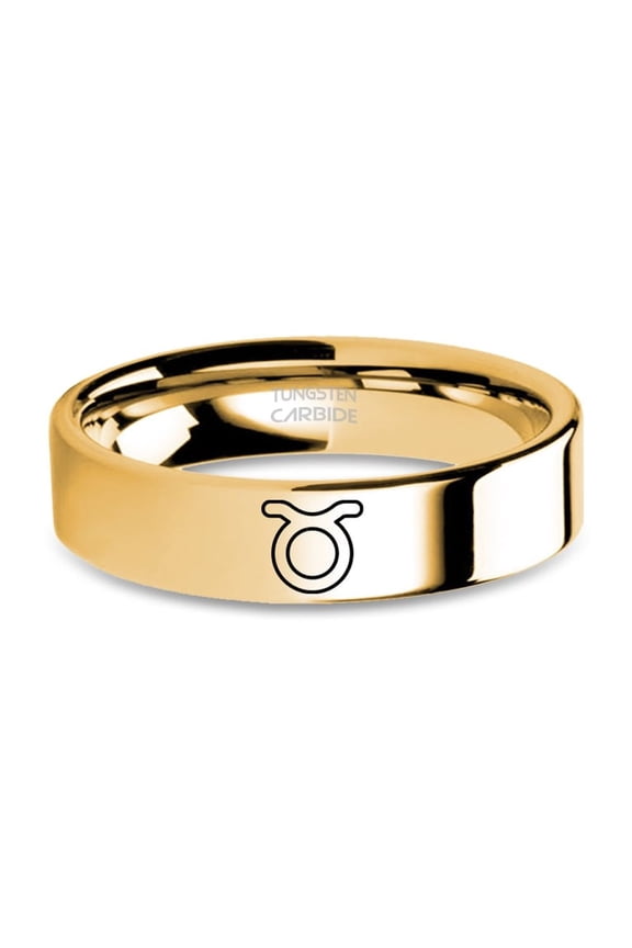 Taurus Bull Horns Sign Engraved Yellow Gold Tungsten Carbide Ring, 6mm, Size 5