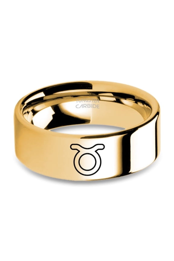 Taurus Bull Horns Sign Engraved Yellow Gold Tungsten Carbide Ring, 8mm, Size 9