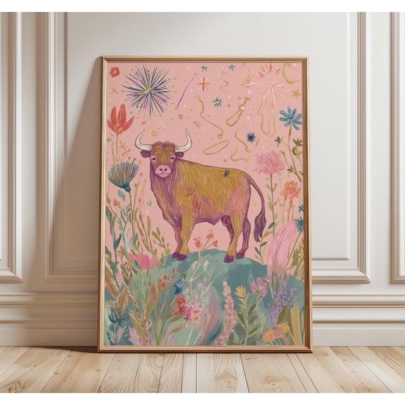 Taurus Bull Poster, Celestial Floral Zodiac Art