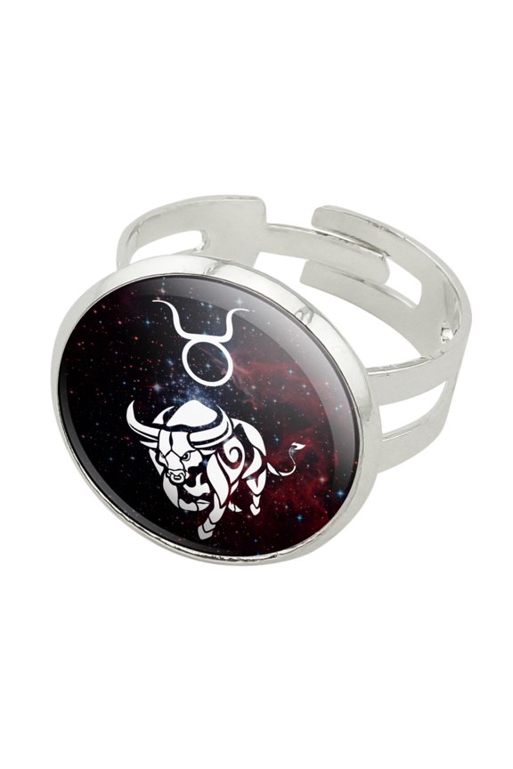 Taurus Bull Zodiac Sign Horoscope In Space Silver Plated Adjustable Novelty Ring