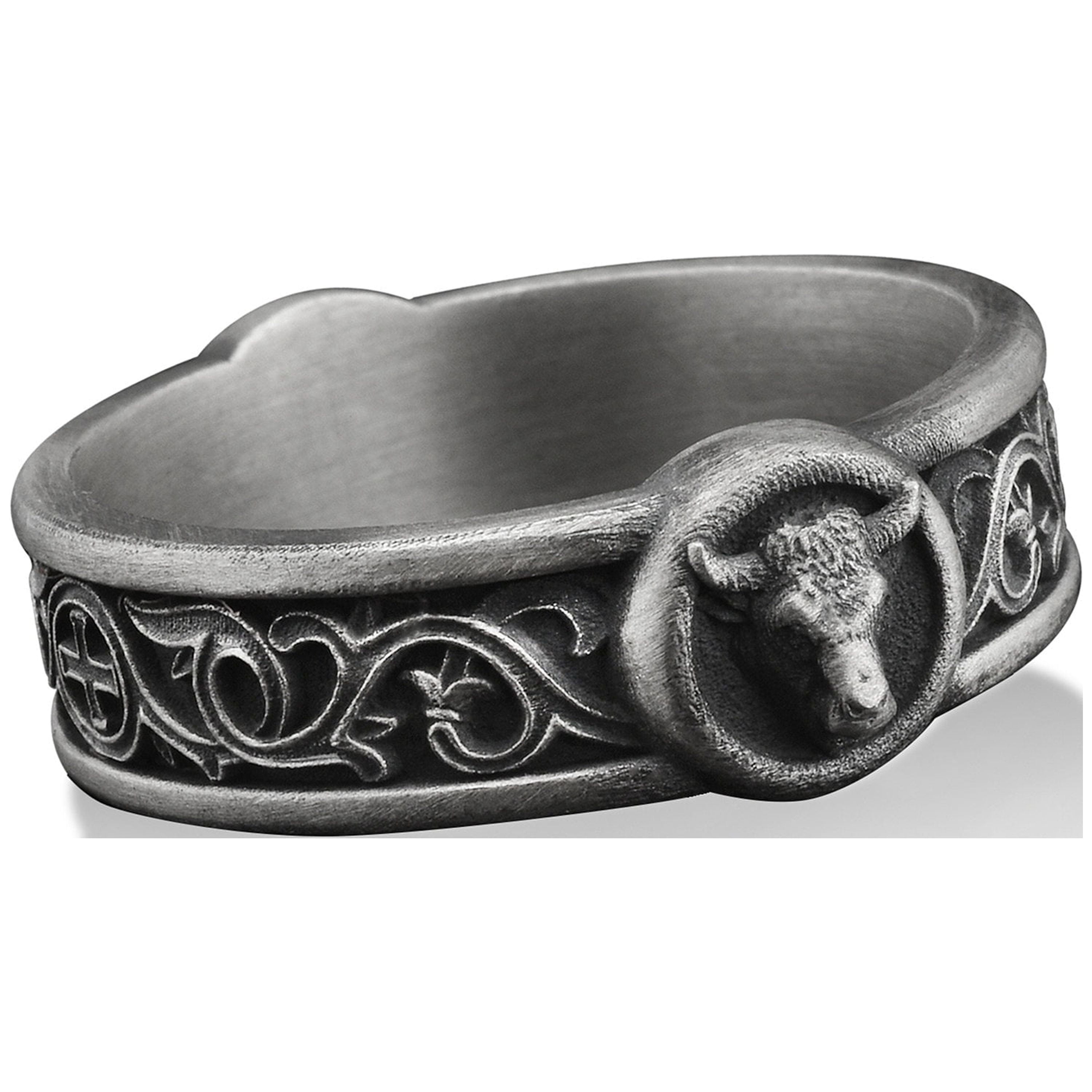 Taurus Bull with Lily Motifs Handmade Sterling Silver Men Band Ring ...