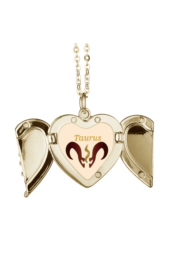 Taurus Chart Sign Art Deco Fashion Folded Wings Peach Heart Pendant Necklace