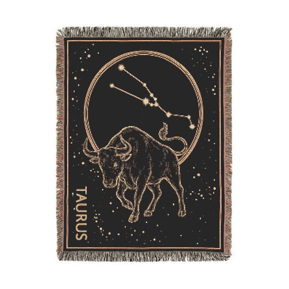 Taurus Constellation Bull Black and Gold Woven Blanket, 100% Cotton, Celestial Zodiac Home Decor