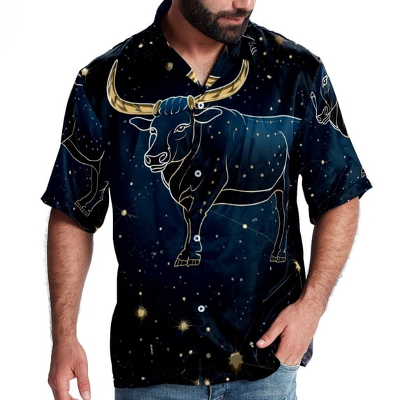 Taurus Constellation Men's Casual Poplin Button Down Short Sleeve Hawaiian Beach Shirt