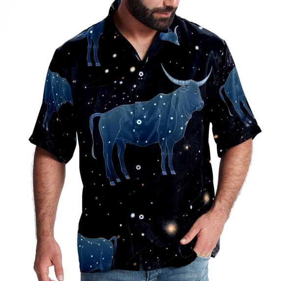 Taurus Constellation Men's Casual Printed Poplin Short Sleeve Button Down Beach Shirt with Spread Collar Top