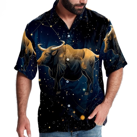 Taurus Constellation Men's Short Sleeve Beach Shirts, Casual Button Down Poplin Printed Summer Tops - Unisex