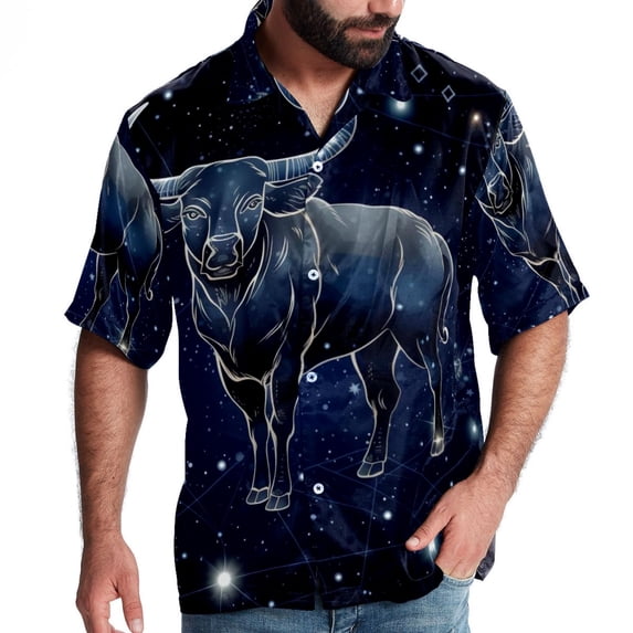 Taurus Constellation Men's Short Sleeve Beach Shirts, Casual Printed Poplin Button Down, Unisex Summer Hawaiian Shirt