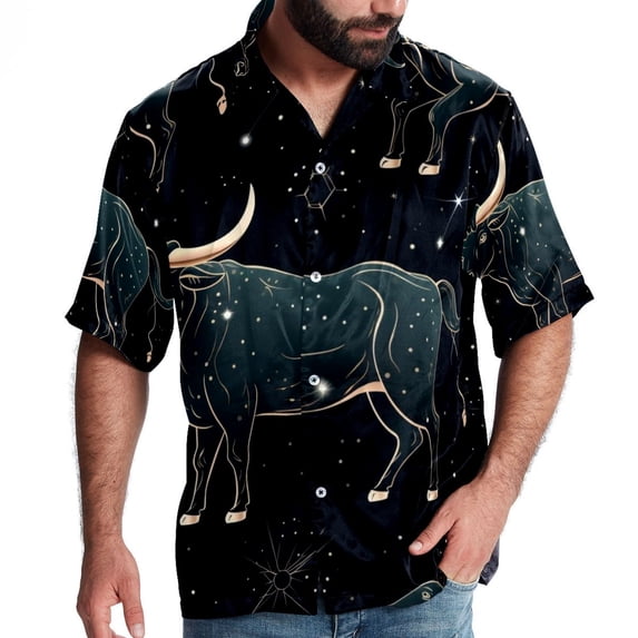 Taurus Constellation Men's Short Sleeve Button Down Beach Shirts, Casual Printed Summer Unisex Tops