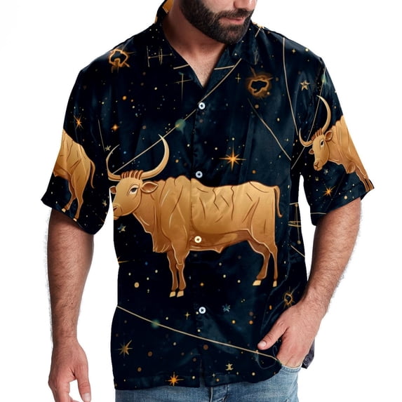 Taurus Constellation Men's Short Sleeve Button Down Hawaiian Shirts for Summer Beach Casual Printed Style