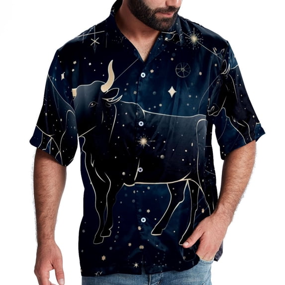 Taurus Constellation Men's Short Sleeve Poplin Shirt, Button Down Casual Summer Beach Printed Unisex Shirt