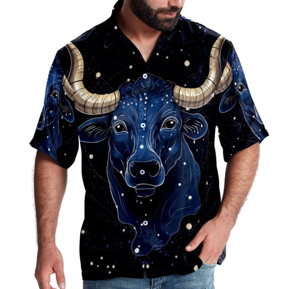 Taurus Constellation Men's Short Sleeve Spread Collar Button Down Beach Print Casual Shirts