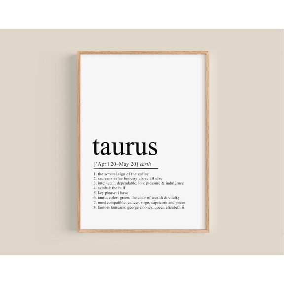 Taurus Definition Poster Taurus Taurus Art Poster Taurus Decor Zodiac Taurus Birthday Poster Wall Art For Decor Present , Poster Only
