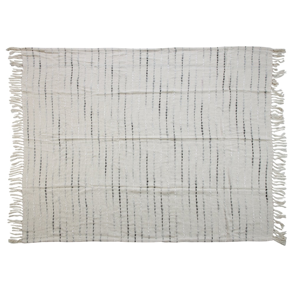 Gray and Cream Hand-Woven Cotton Blend Throw Blanket with Fringe