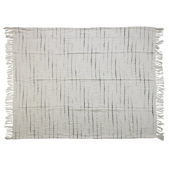 LR Home Talia Gray/Ivory Striped Lightweight Cotton Blend Embroidered Throw Blanket, 50" x 60"