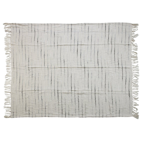 LR Home Talia Gray/Ivory Striped Lightweight Cotton Blend Embroidered Throw Blanket, 50" x 60"