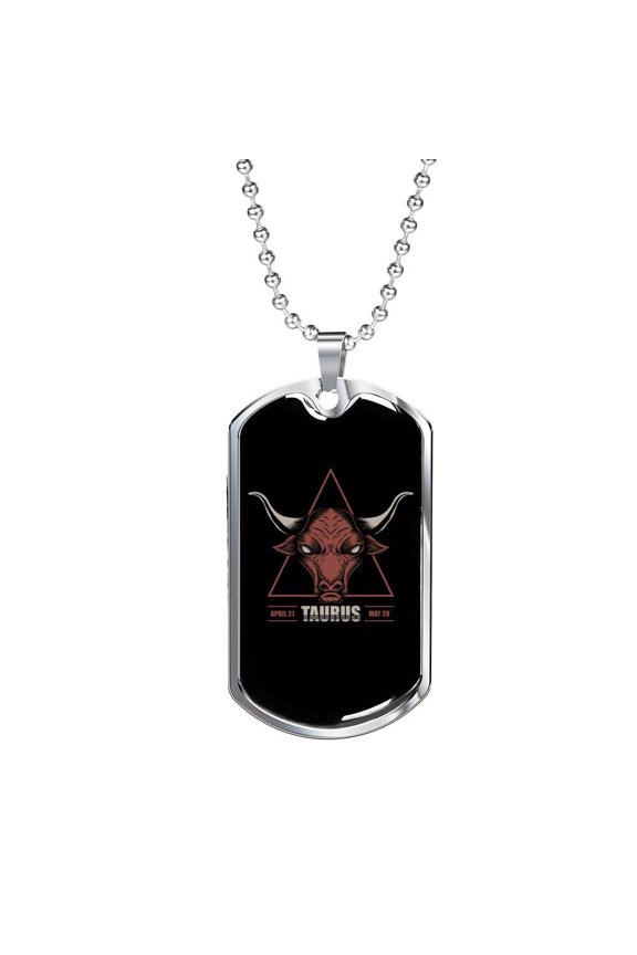 Taurus Dog Tag Astrology Zodiac Sign Dog Tag Necklace Stainless Steel 24" Chain Silver Tone or Gold Tone
