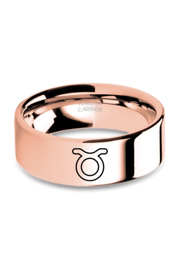 Taurus Horoscope Bull Horns Engraved Rose Gold Tungsten Ring, 8mm, Size 10