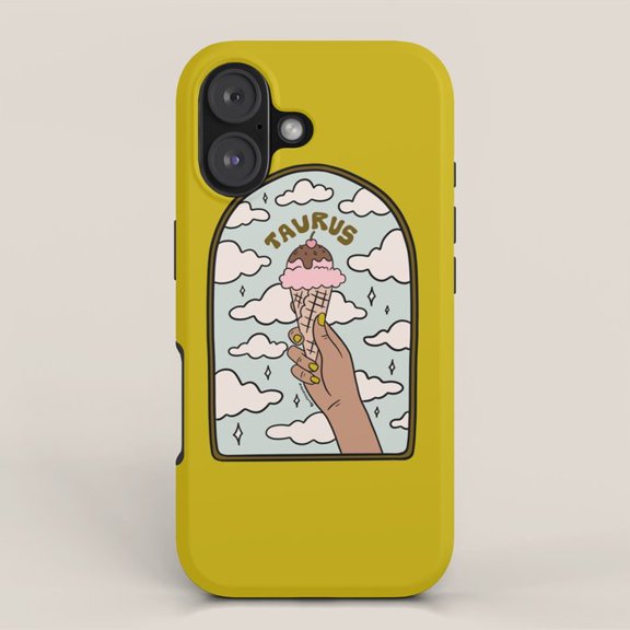 Taurus Ice Cream, Clouds and Sparkles Mustard Yellow Tough iPhone Case, Polycarbonate Shell with TPU Liner