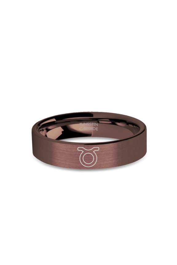 Taurus Toro Bull Symbol Laser Engraved Brushed Brown Tungsten Ring, 6mm, Size 7.5