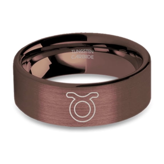 Taurus Toro Bull Symbol Laser Engraved Brushed Brown Tungsten Ring, 8mm, Size 13
