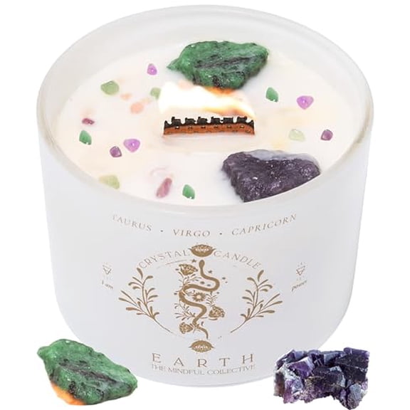 Taurus Virgo Capricorn Gifts for Women - 12oz Wood Wick Candles that Crackle with Crystals and Healing Stones. Healing Crystal Candles for Women Home Scented. Soy Wax, for Zodiac Birthdate