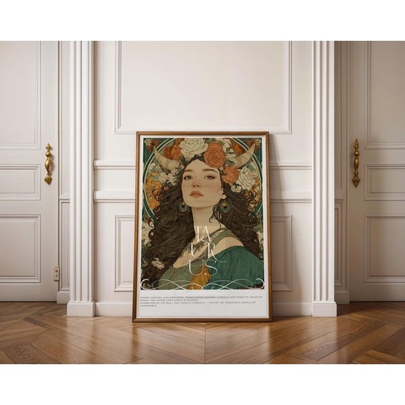 Taurus Wall Art Zodiac Astrology Alphonse Mucha Style Illustration One, Unframed Paper Print
