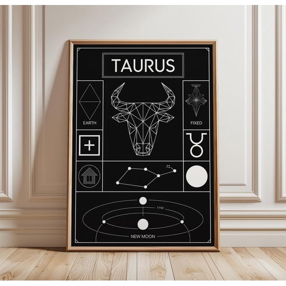 Taurus Zodiac Black White Astrology Bull Horoscope Decor Unframed Paper Print
