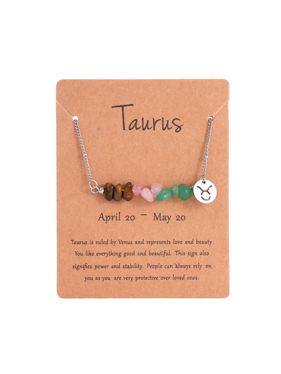 Taurus Zodiac Crystal Necklace for Women, 12 Constellation Natural Chip Stone Pendant Necklace, Stainless Steel Hypoallergenic Fashion Jewelry Birthday Gift