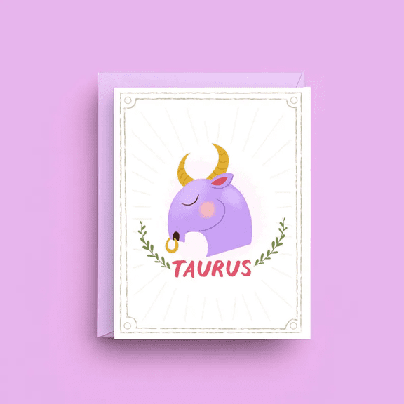 Taurus Zodiac Greeting Card  Adorable Purple Taurus Design with Envelope  Blank Inside for Unique Messages  Perfect for Birthdays and Special Occasions